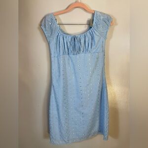 Vintage Aqua Blues Dress Eyelet Embroidered‎ Small USA Lined Mini Babydoll